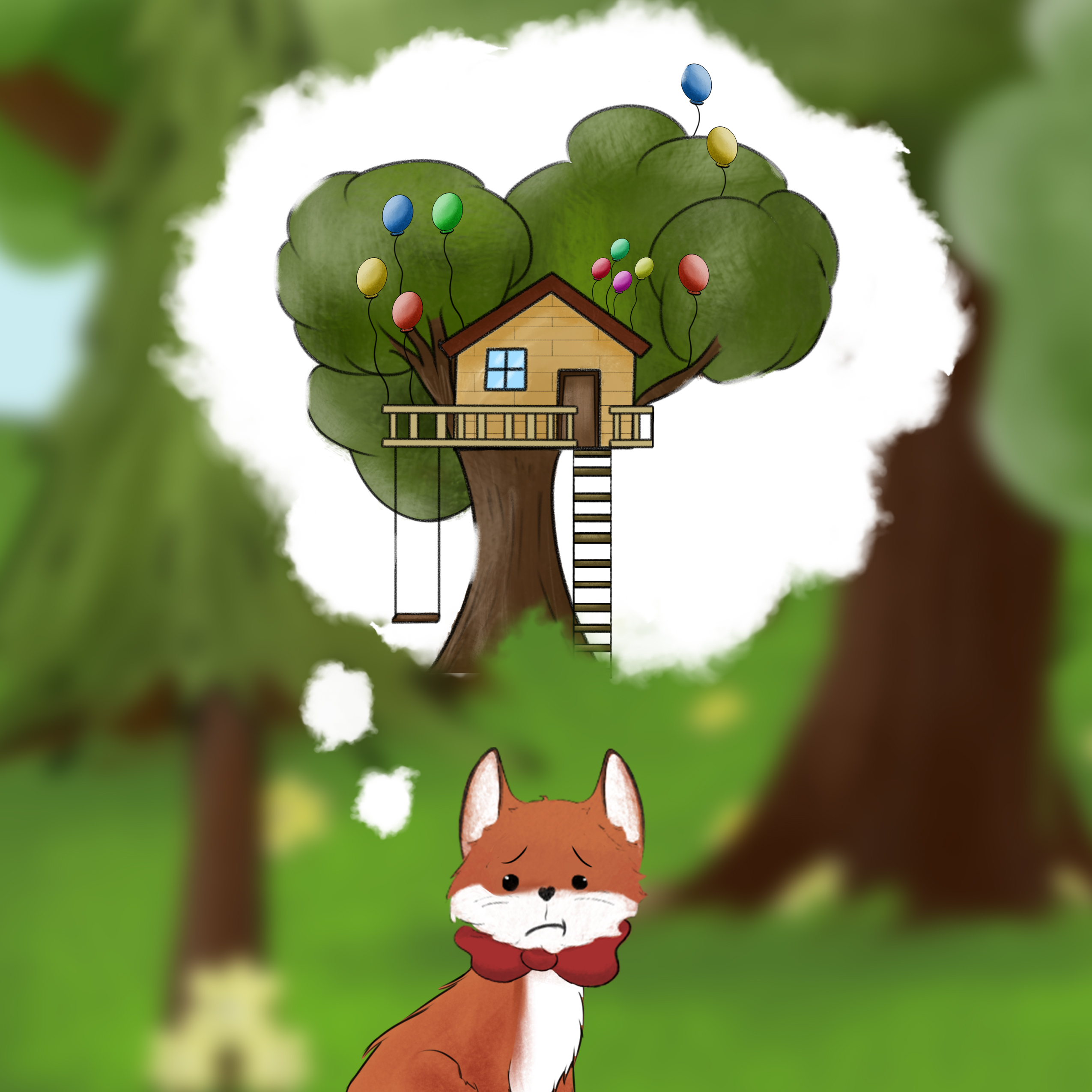 Cecil the Bow Tie Fox dreaming of a treehouse party, illustrated by Izzy and Jack