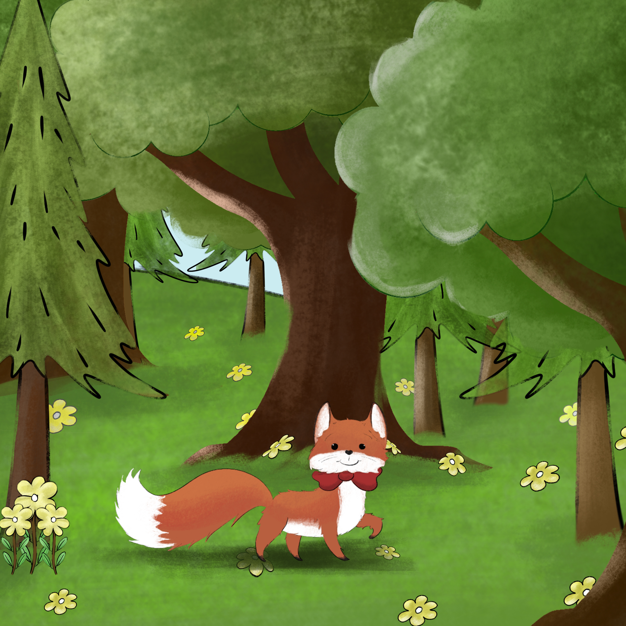 Cecil the Bow Tie Fox walking through his woodland home, illustrated by Izzy and Jack.