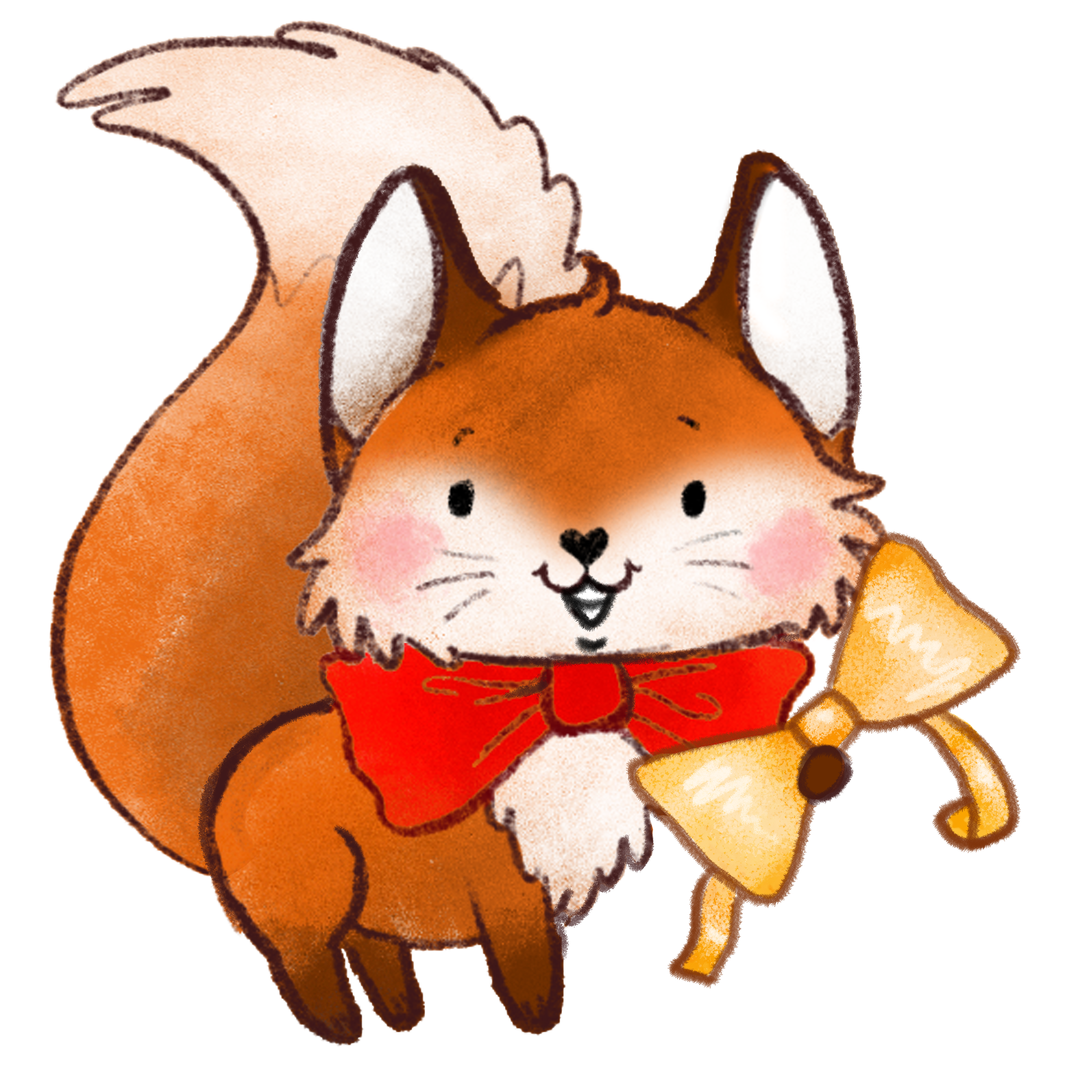 Cecil the Bow Tie Fox holding a golden bow tie, illustrated by Izzy and Jack.