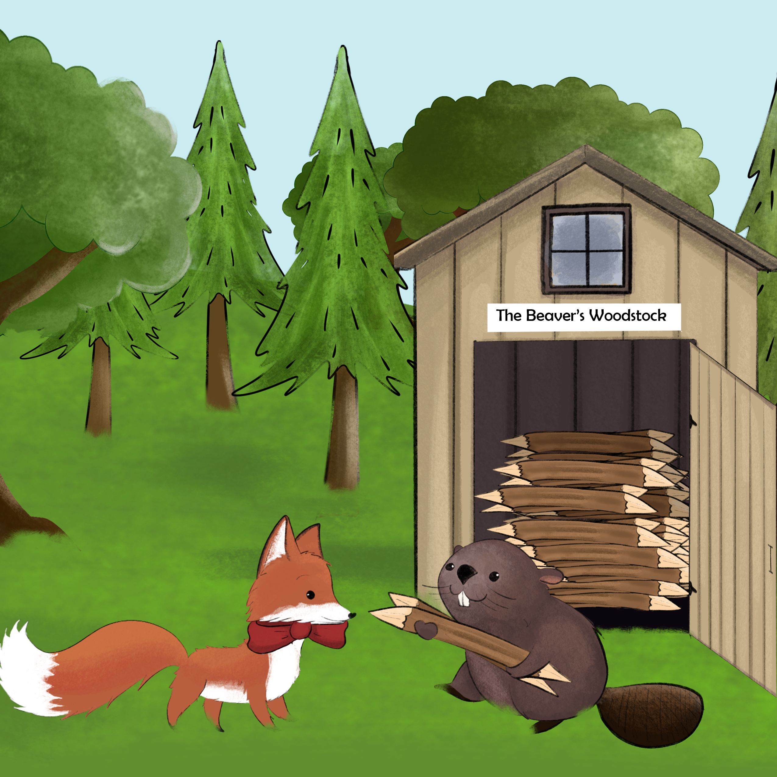 Cecil the Bow Tie Fox meeting Mr Beaver at the woodstock, illustrated by Izzy and Jack