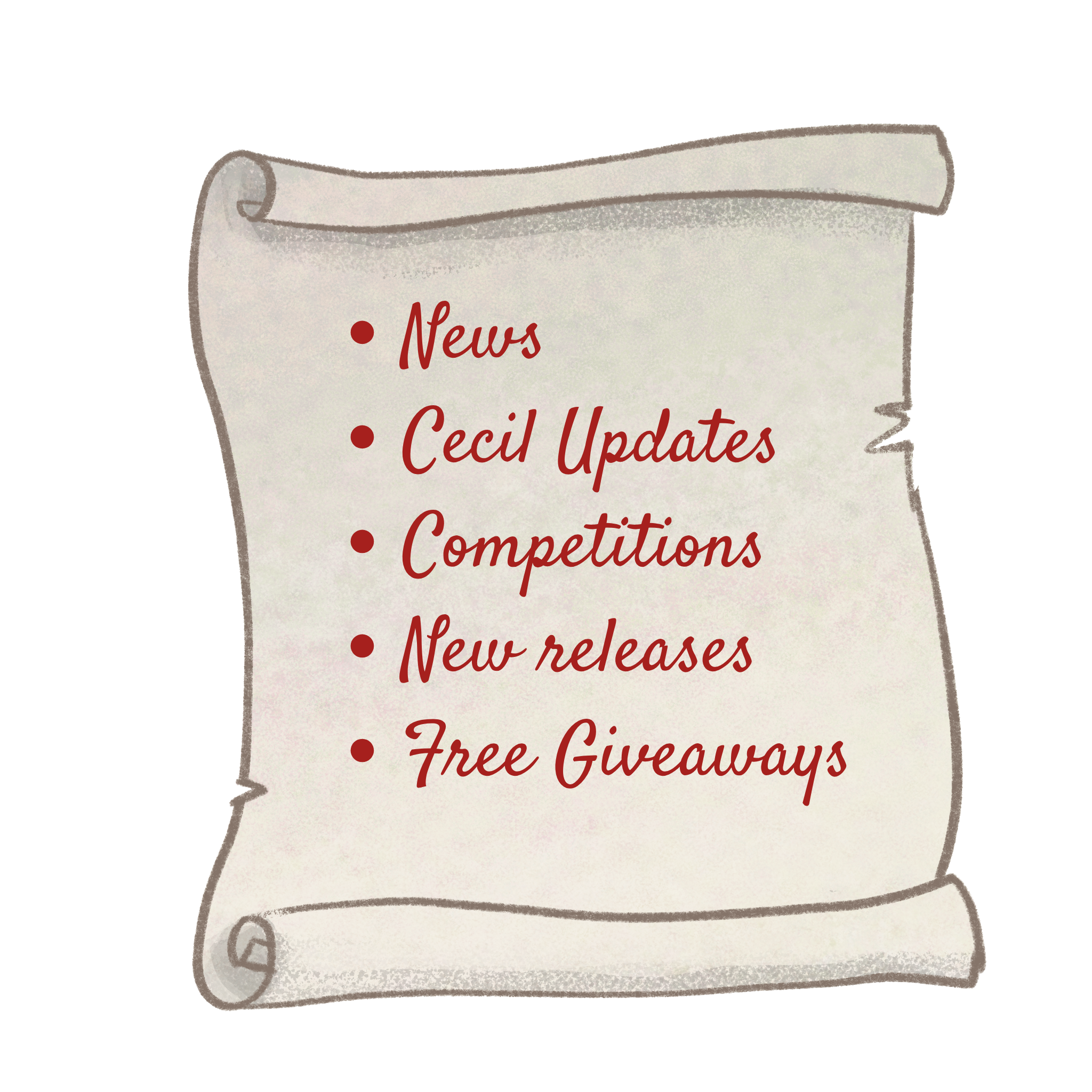 A woodland scroll listing what to expect from the Little Fox Tales newsletter — News, Cecil Updates, Competitions, New Releases, and Free Giveaways.