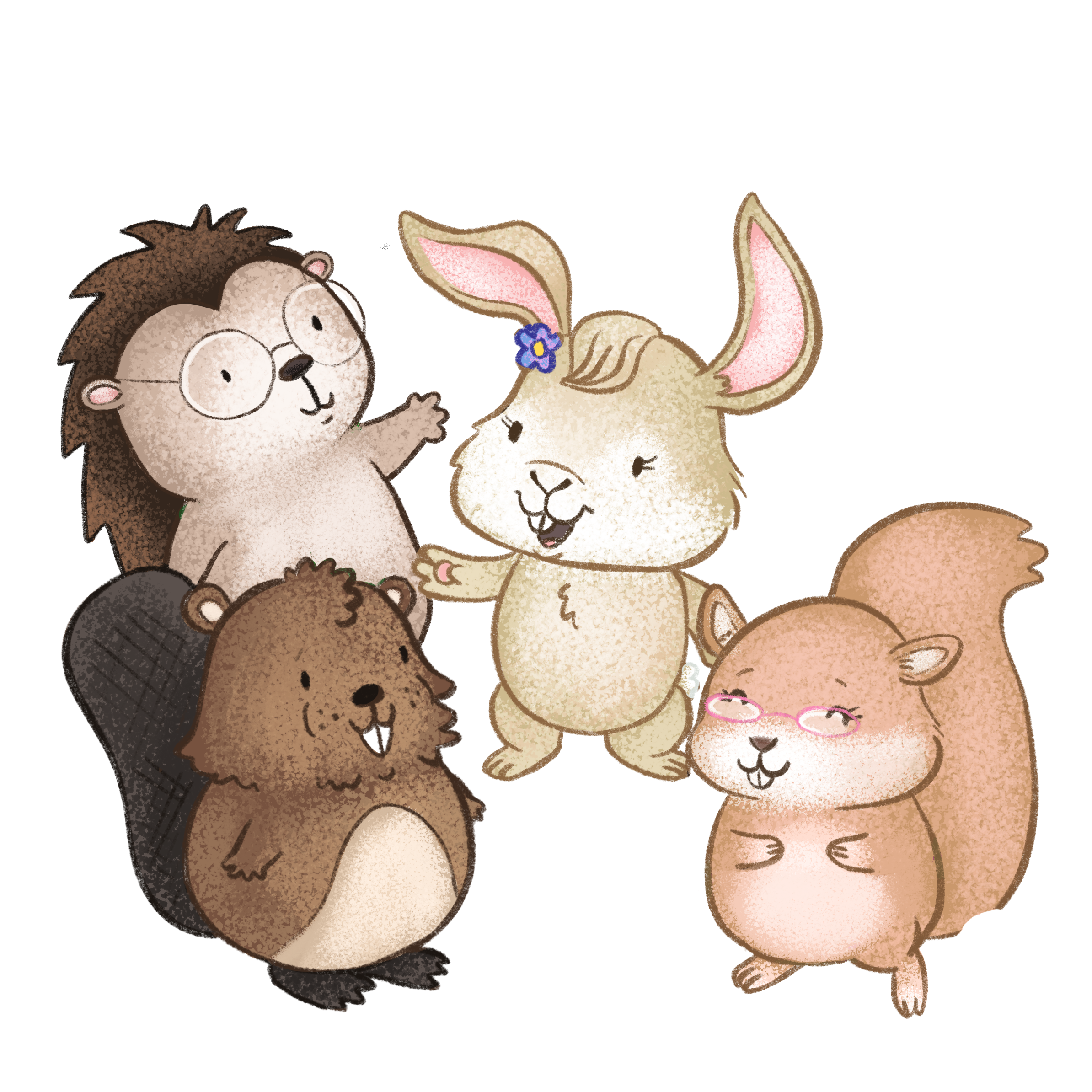 Cecil's woodland friends from Little Fox Tales — a hedgehog, beaver, rabbit and squirrel, illustrated by Izzy and Jack